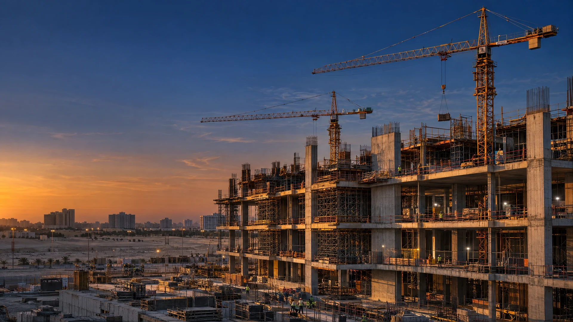 Illustrative reinforced concrete construction site at sunset